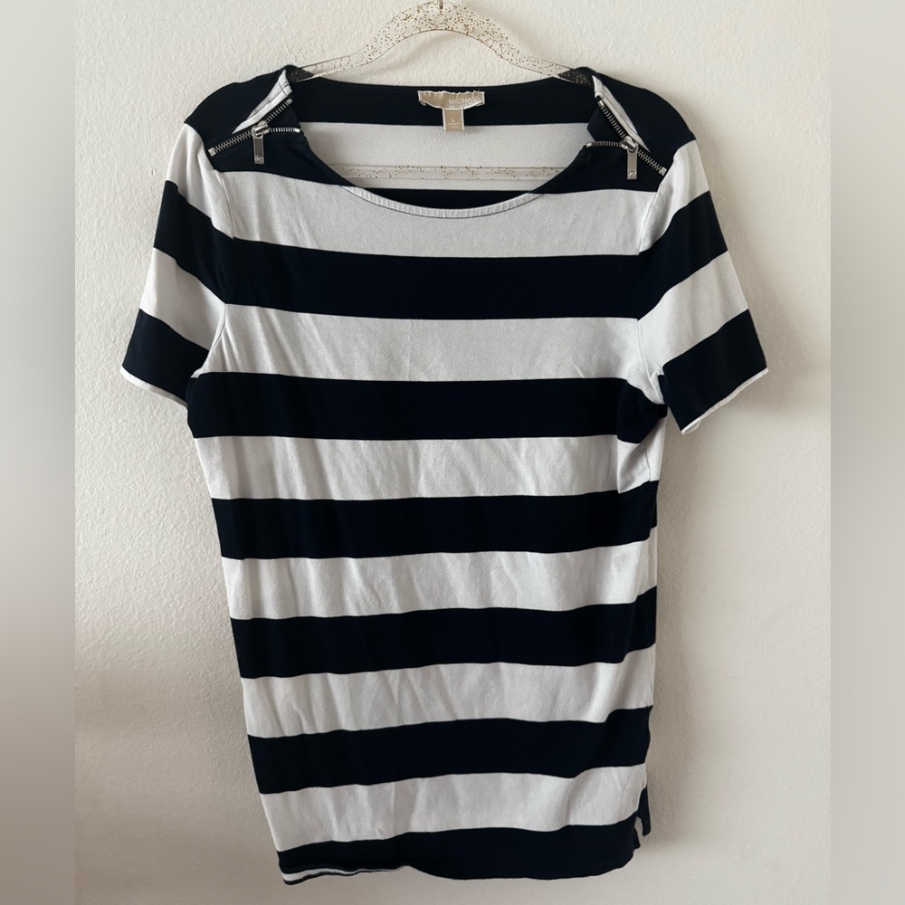 Michael Kors Navy and White Striped Short Sleeve Top